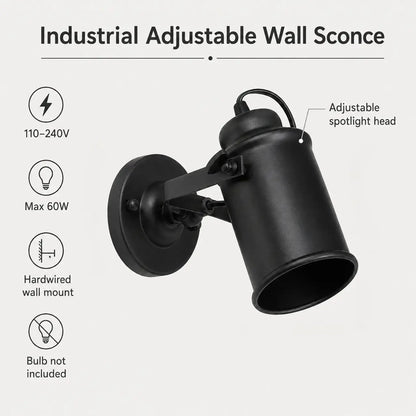 Matte black adjustable wall sconce with voltage, wattage, hardwired installation, and bulb information