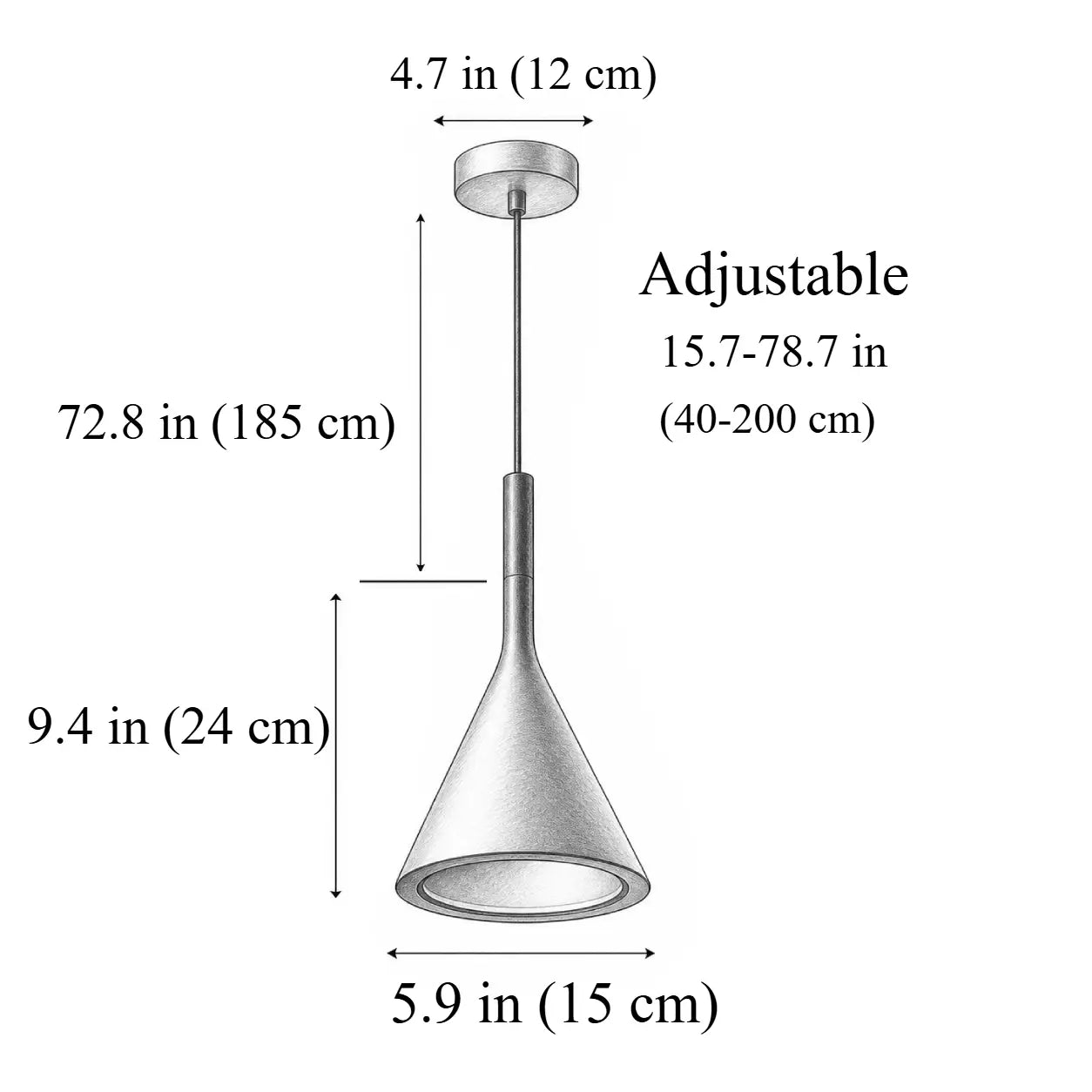 Cone pendant light dimension diagram showing a 5.9 in diameter, 9.4 in fixture height, 4.7 in canopy, and adjustable 15.7–78.7 in hanging length.