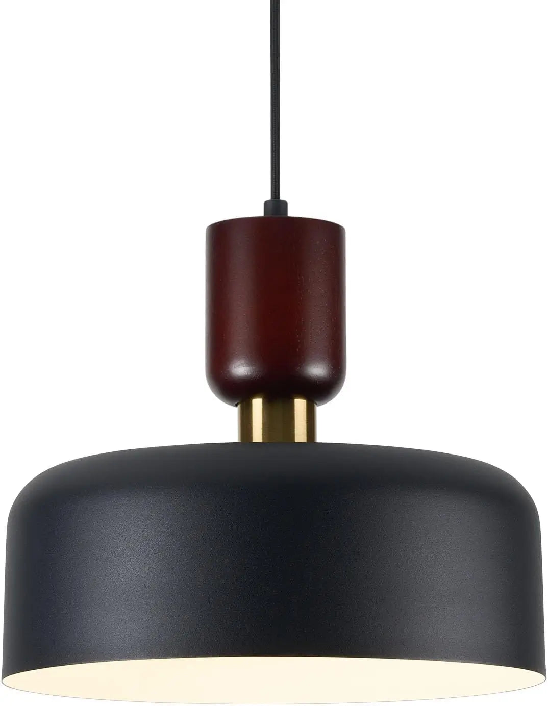 Modern black pendant light with gold accent and dark wood top.