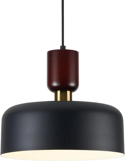 Modern black pendant light with gold accent and dark wood top.