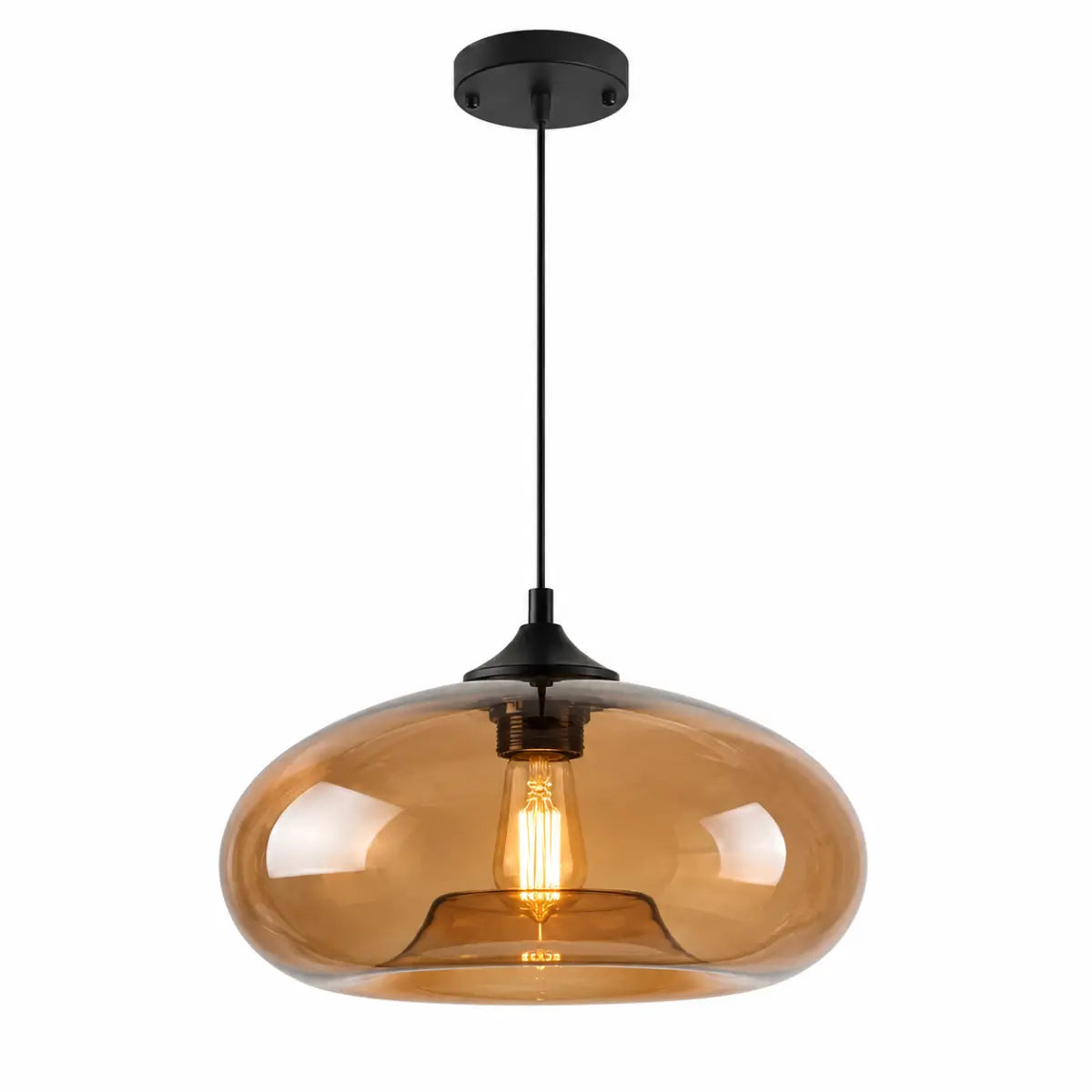Amber modern oval glass pendant light with black canopy and cord on a white background.
