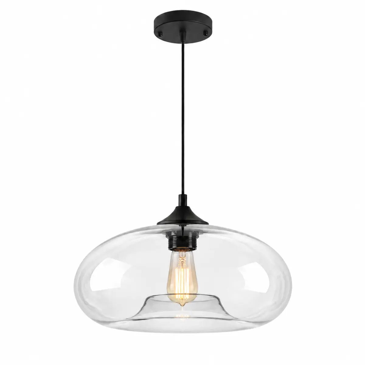Clear modern oval glass pendant light with black canopy and cord on a white background.