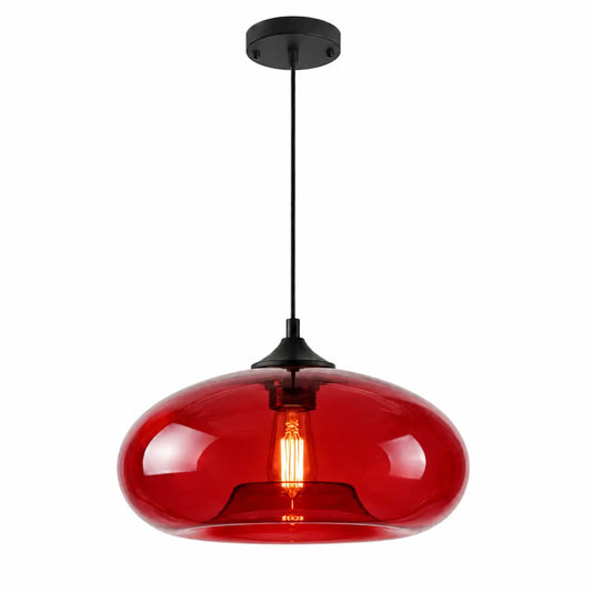 Red modern oval glass pendant light with black canopy and cord on a white background.