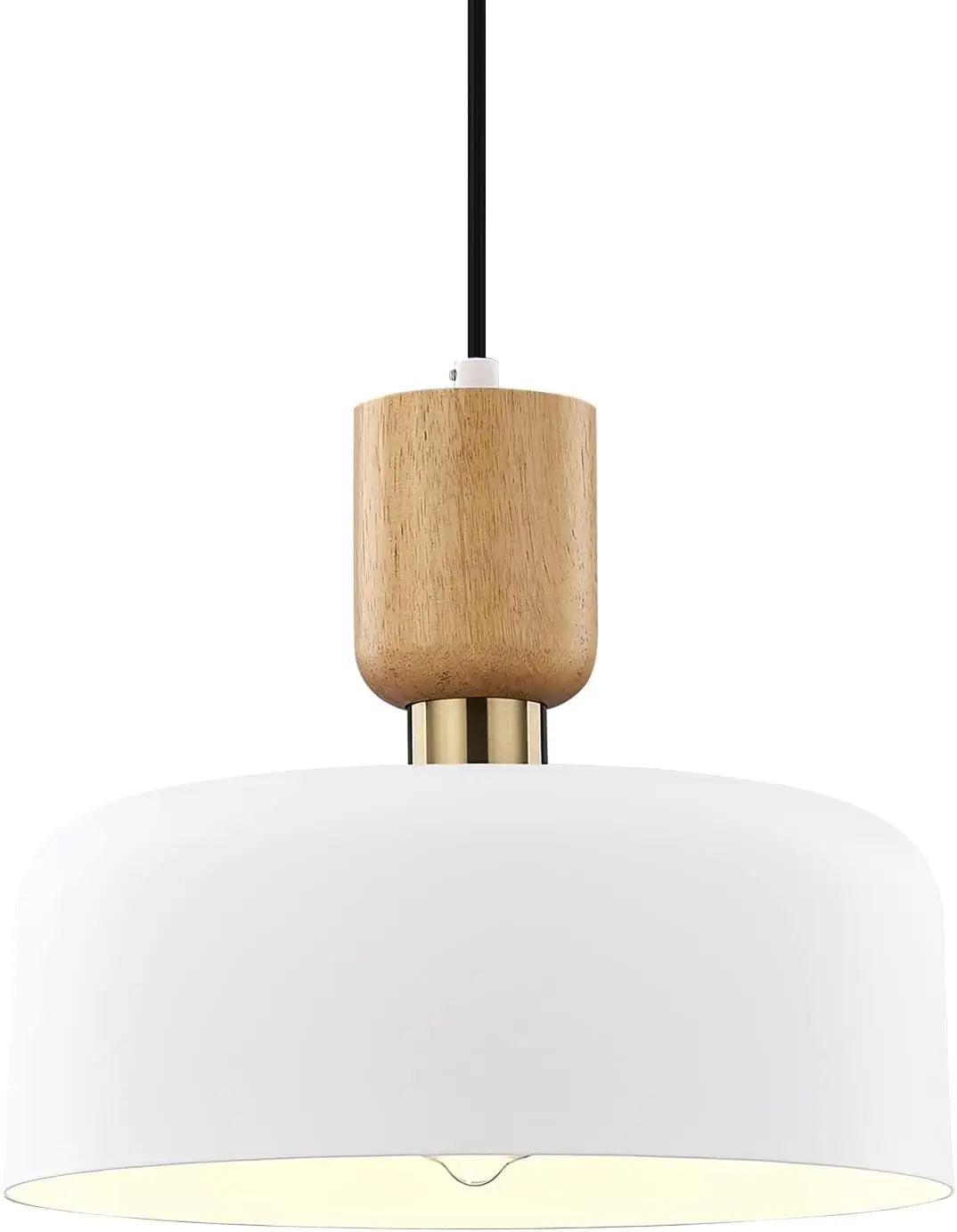 Close-up of modern white pendant light with natural wood top and gold accent