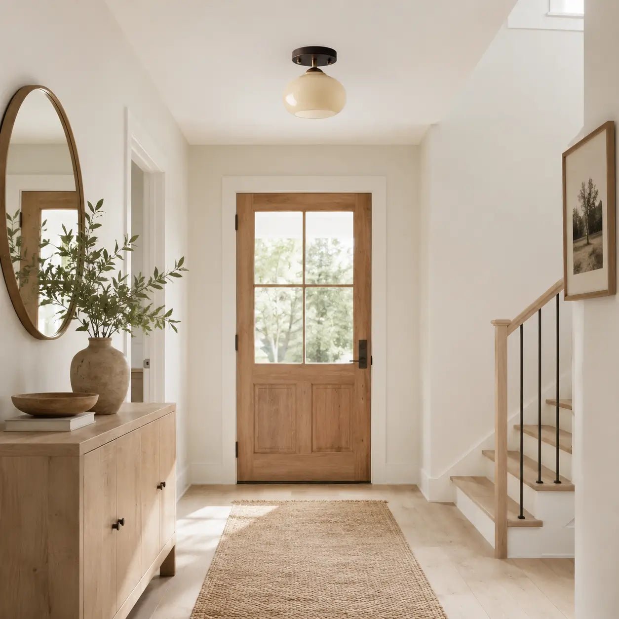Opal glass semi-flush ceiling light installed in an entryway near a staircase