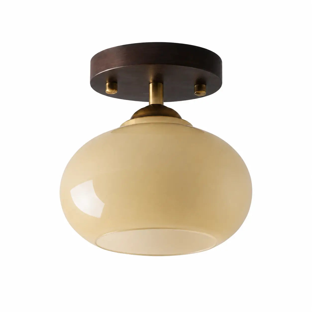 Semi-flush ceiling light with an oval opal glass shade and walnut wood canopy