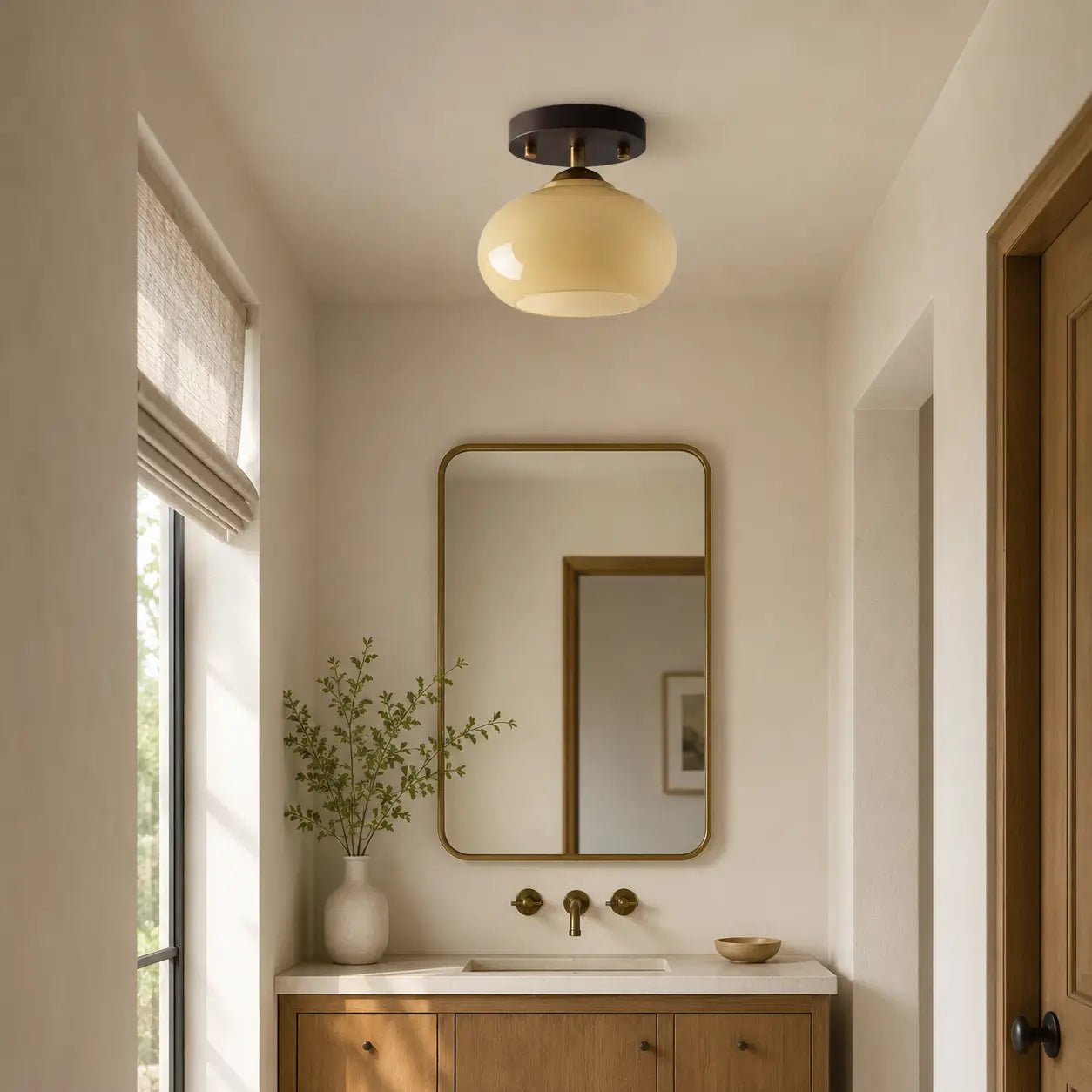 Opal glass ceiling light installed above a powder room vanity and mirror