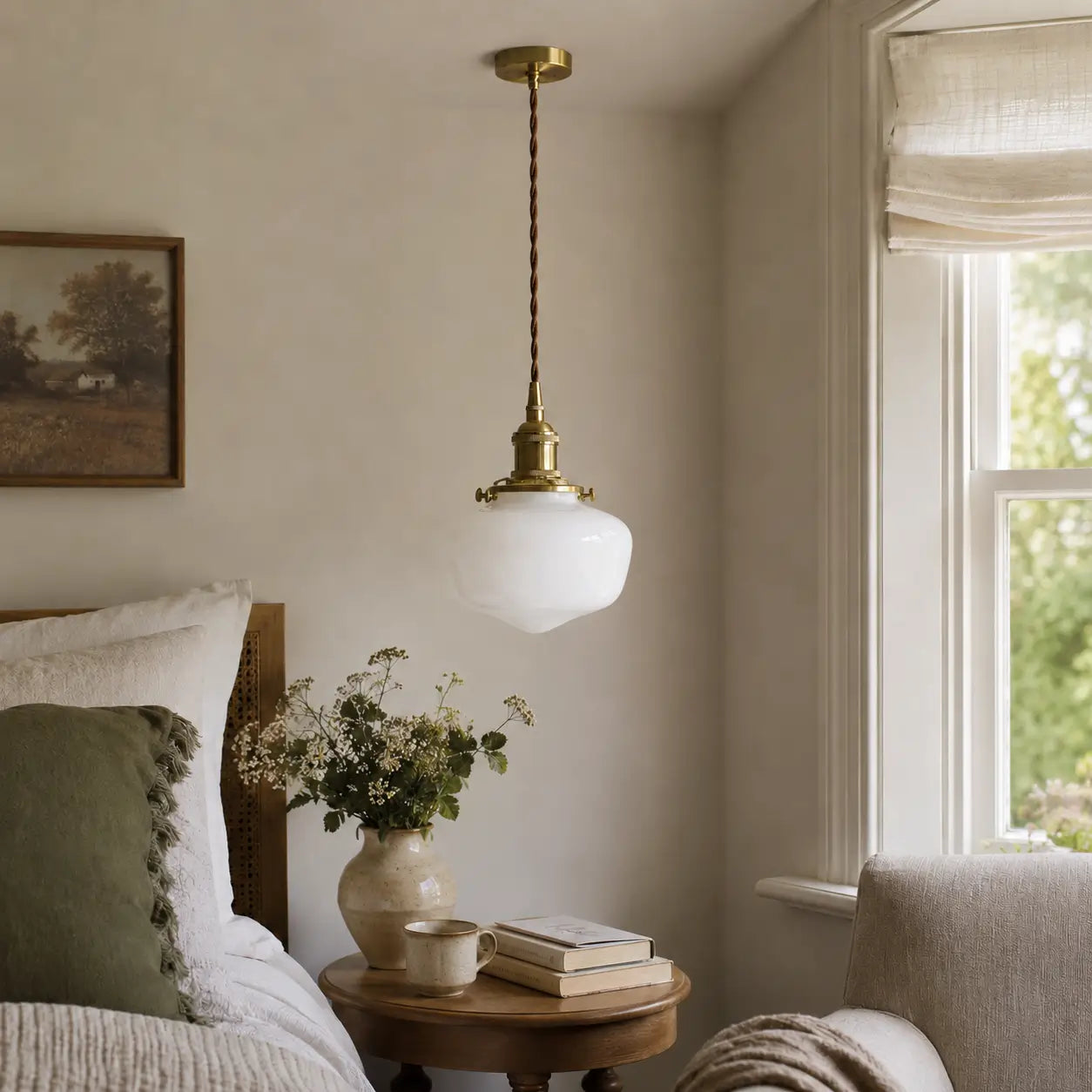 Opaque white glass pendant light with brass-tone hardware beside a bed in a bright bedroom