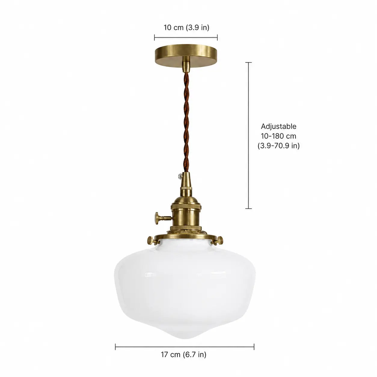 Opaque white glass pendant light dimensions with 17 cm shade, 10 cm canopy, and adjustable 10–180 cm drop