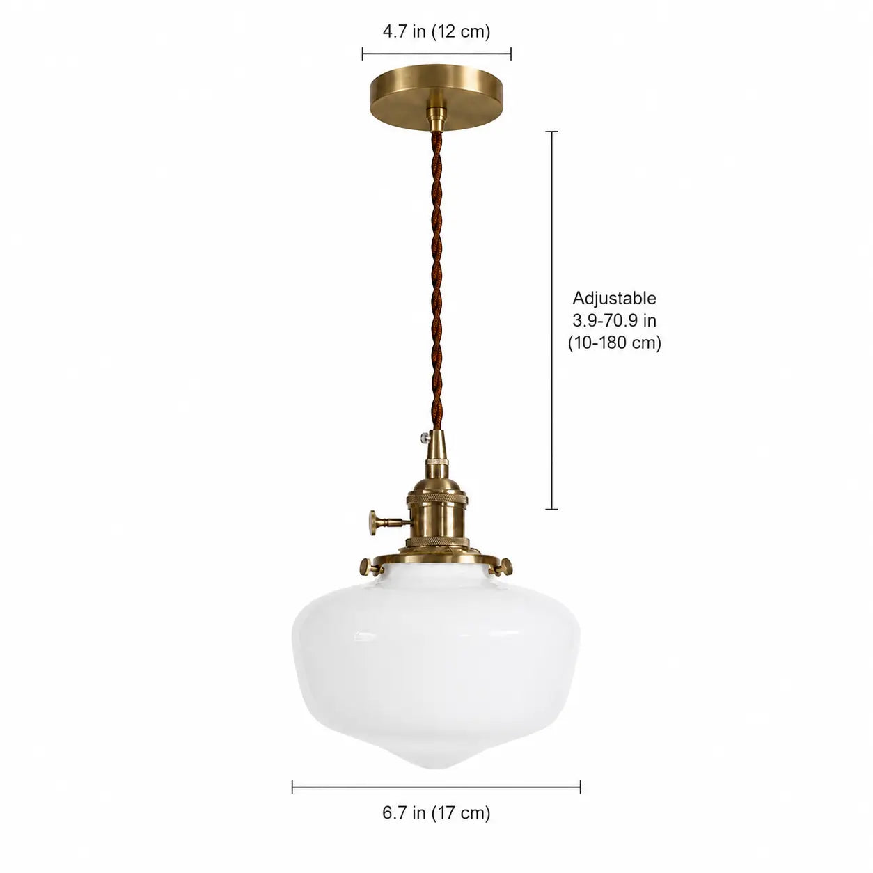 Opaque white glass pendant light dimensions with 17 cm shade, 12 cm canopy, and adjustable 10–180 cm drop