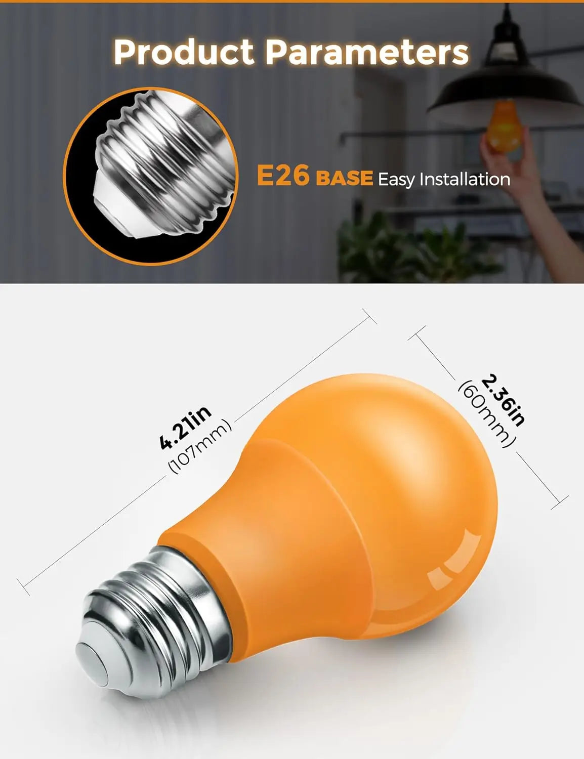 E26 base orange LED bulb – easy installation with size specifications.