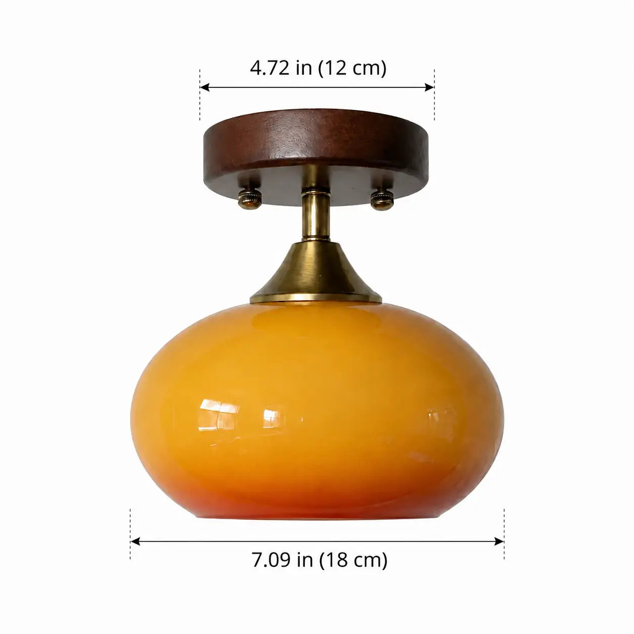 Orange globe semi-flush ceiling light dimensions with 12 cm canopy and 18 cm wide shade