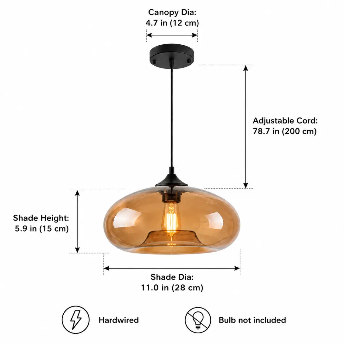 Amber glass pendant light dimension guide showing an 11-inch shade, 78.7-inch cord, and 4.7-inch canopy.