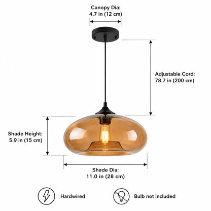 Amber glass pendant light dimension guide showing an 11-inch shade, 78.7-inch cord, and 4.7-inch canopy.