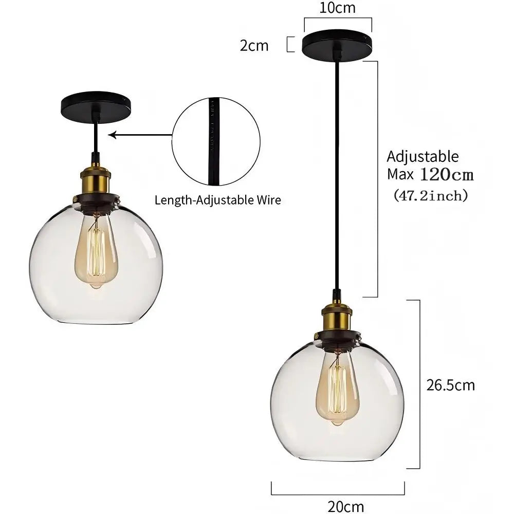 Diagram showing the dimensions of the clear glass globe pendant light and its adjustable wire length.