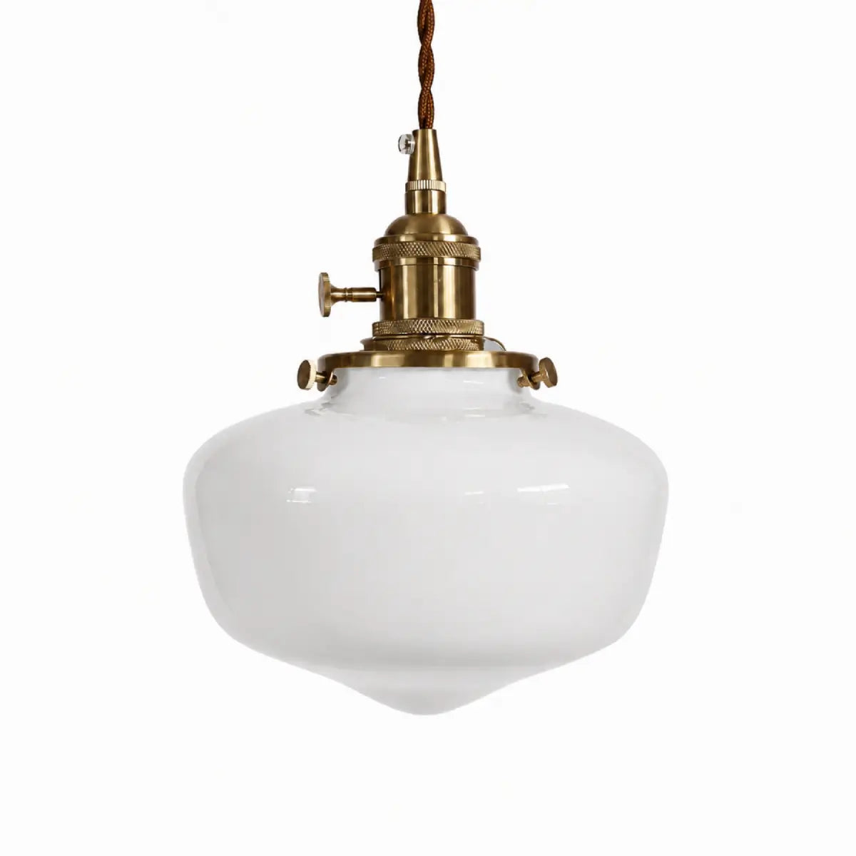 Milk glass schoolhouse pendant light with antique gold-toned hardware on a white background