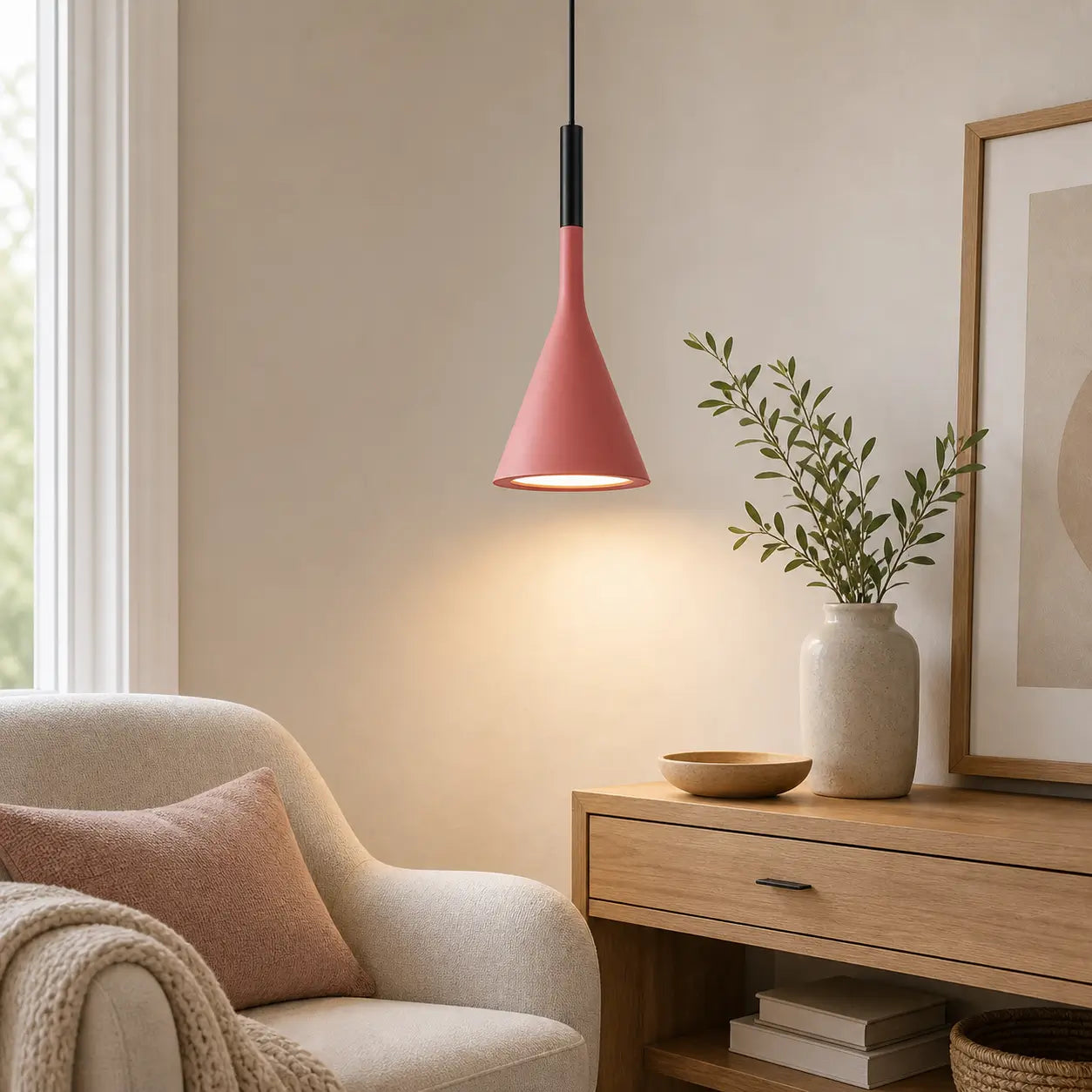 Pink cone pendant light illuminating a wood console beside a cream armchair.