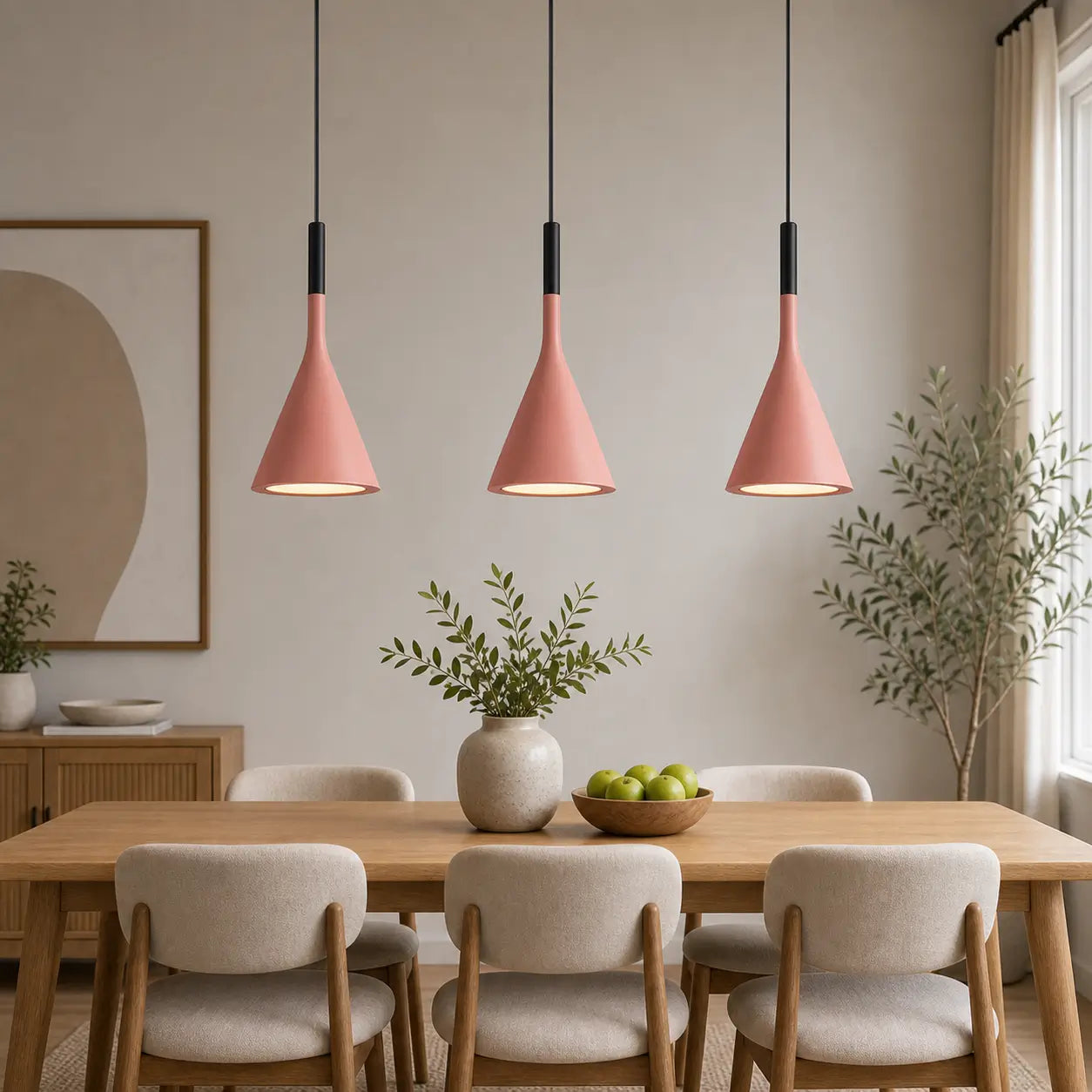 Three pink cone pendant lights arranged in a row above a wood dining table in a neutral dining room.