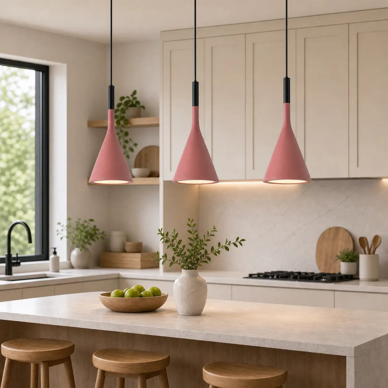 Three pink cone pendant lights installed above a light-toned kitchen island.