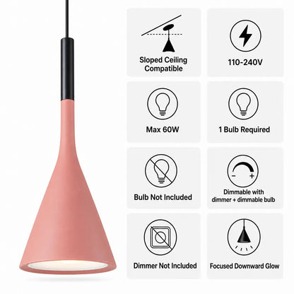 Pink cone pendant light feature graphic listing sloped-ceiling compatibility, 110–240V, max 60W, conditional dimming, and bulb and dimmer not included.