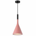 Pink metal cone pendant light with a black canopy and cord, shown illuminated against a white background.