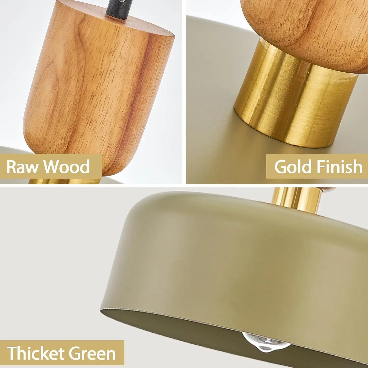 Detail view of raw wood top, gold finish, and thicket green metal lampshade