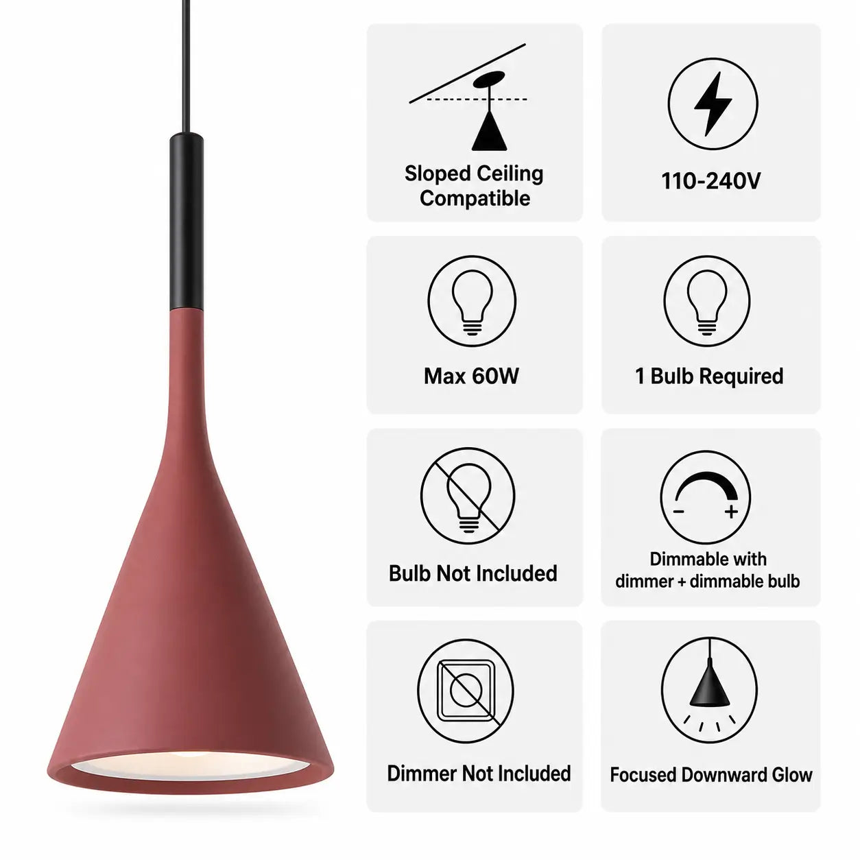 Red cone pendant light feature graphic showing sloped-ceiling compatibility, 110–240V, max 60W, conditional dimming, and bulb and dimmer not included.