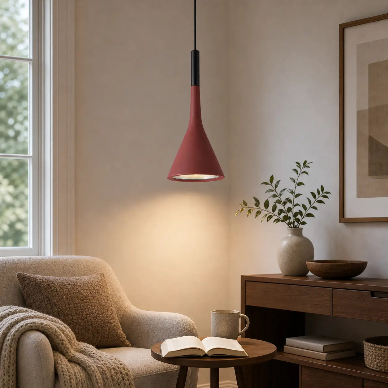 Red cone pendant light illuminating a reading corner with an armchair, small table, and open book.