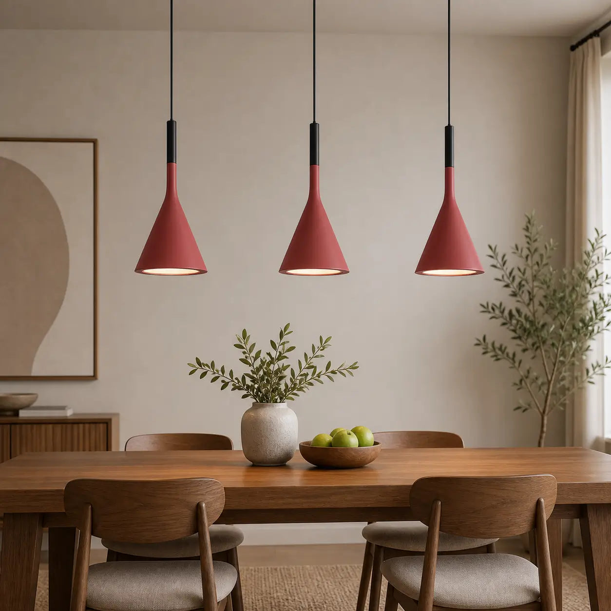Three red cone pendant lights arranged above a rectangular wood dining table in a neutral room.