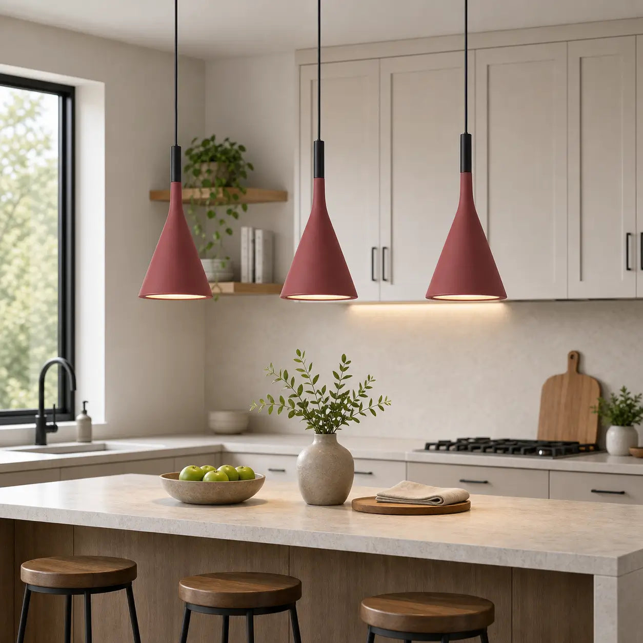 Three red cone pendant lights installed in a row above a light-toned kitchen island.
