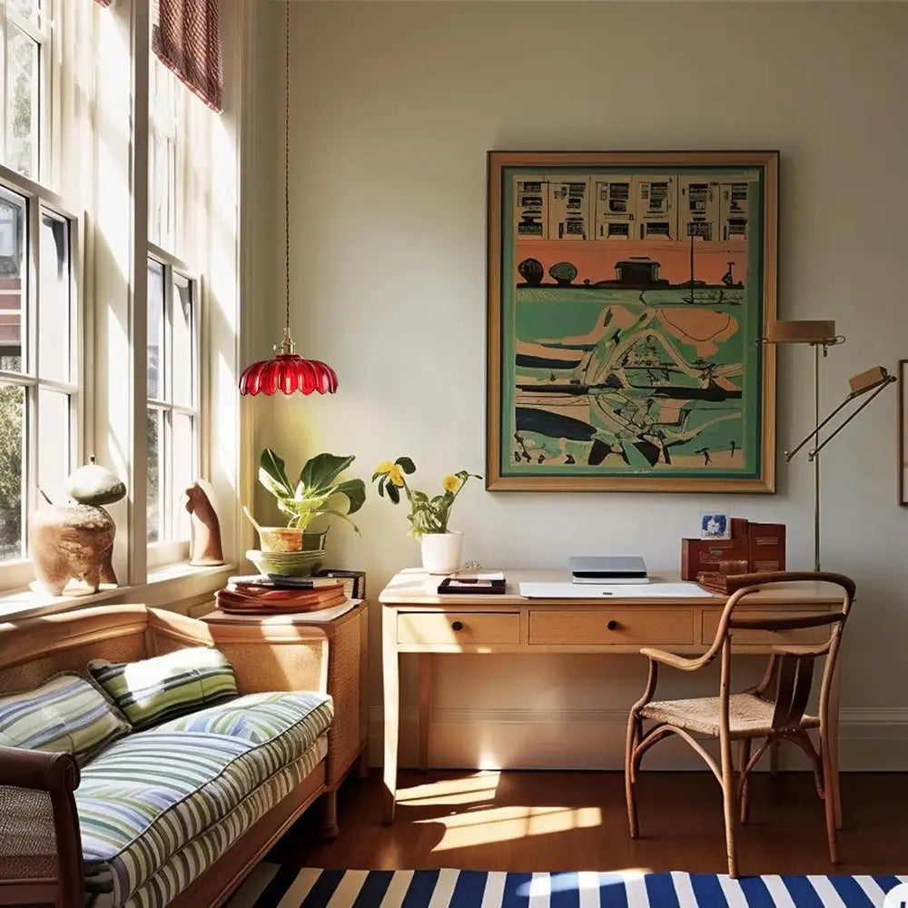 A red hanging light fixture illuminates a home office desk, creating a stylish and cozy workspace.