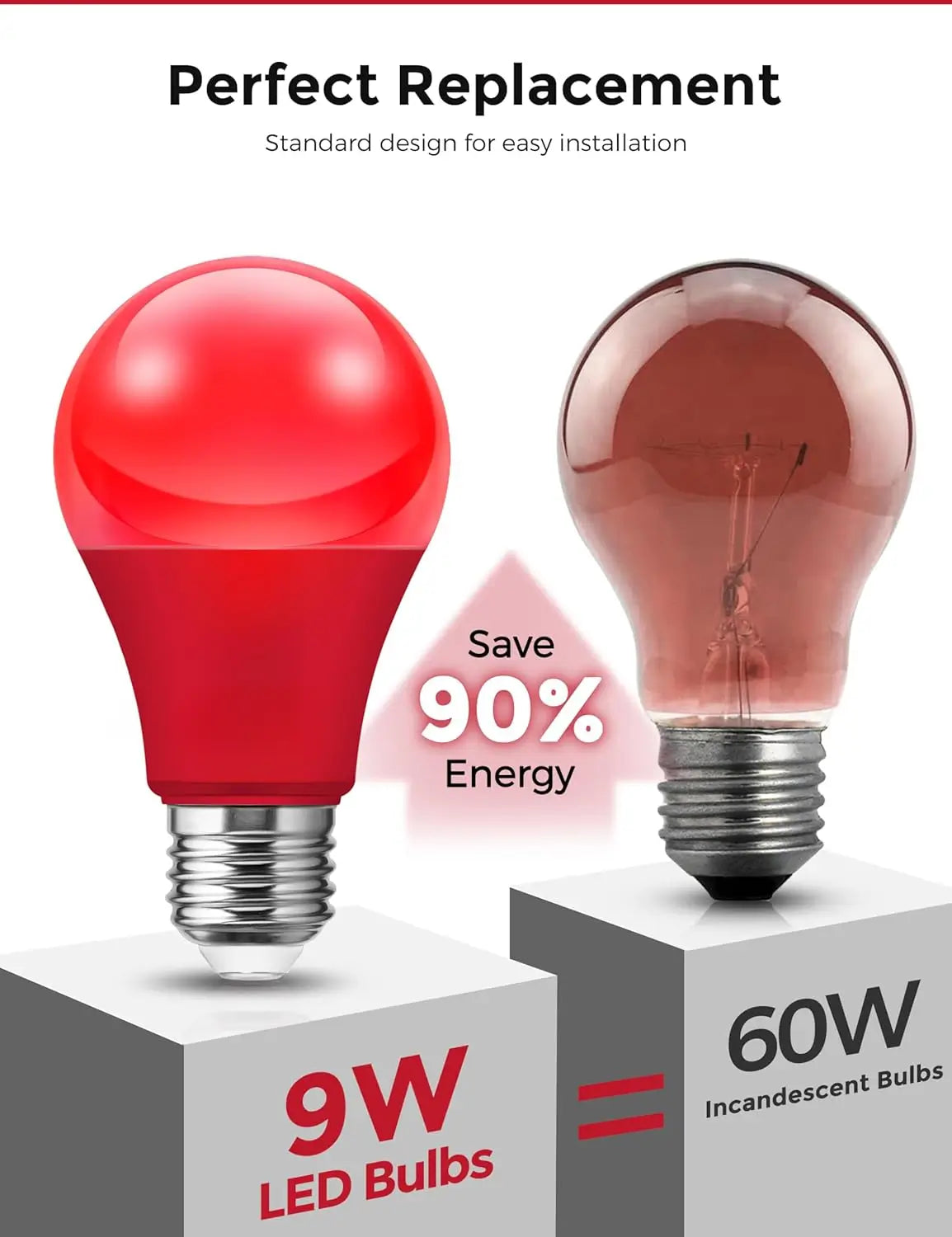 9W red LED bulb saves energy compared to 60W incandescent light.