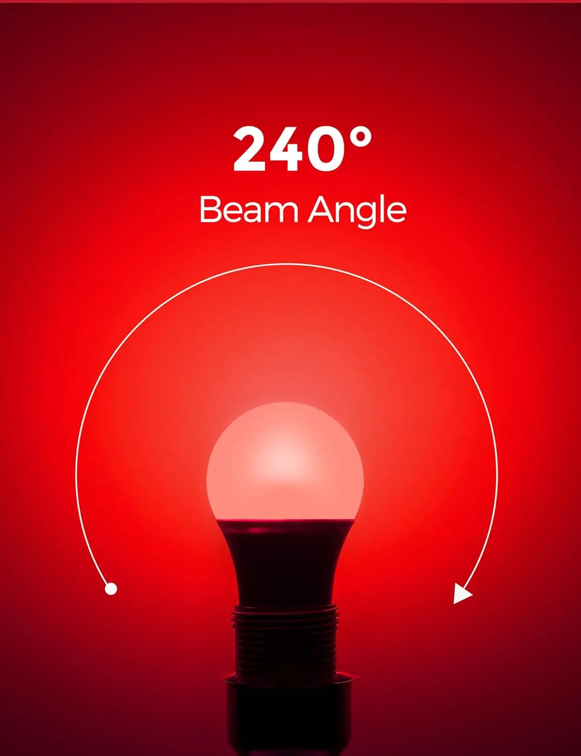 Red LED bulb with wide 240° beam angle for ambient room lighting.