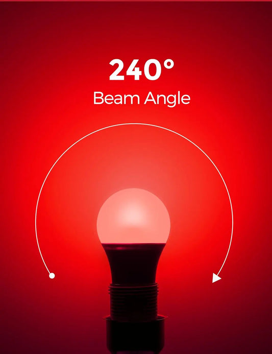 Red LED bulb with wide 240° beam angle for ambient room lighting.
