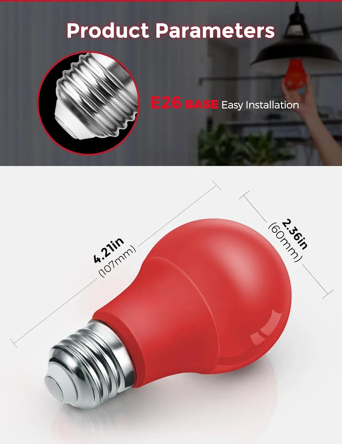 Easy installation red LED bulb with E26 base and product dimensions.
