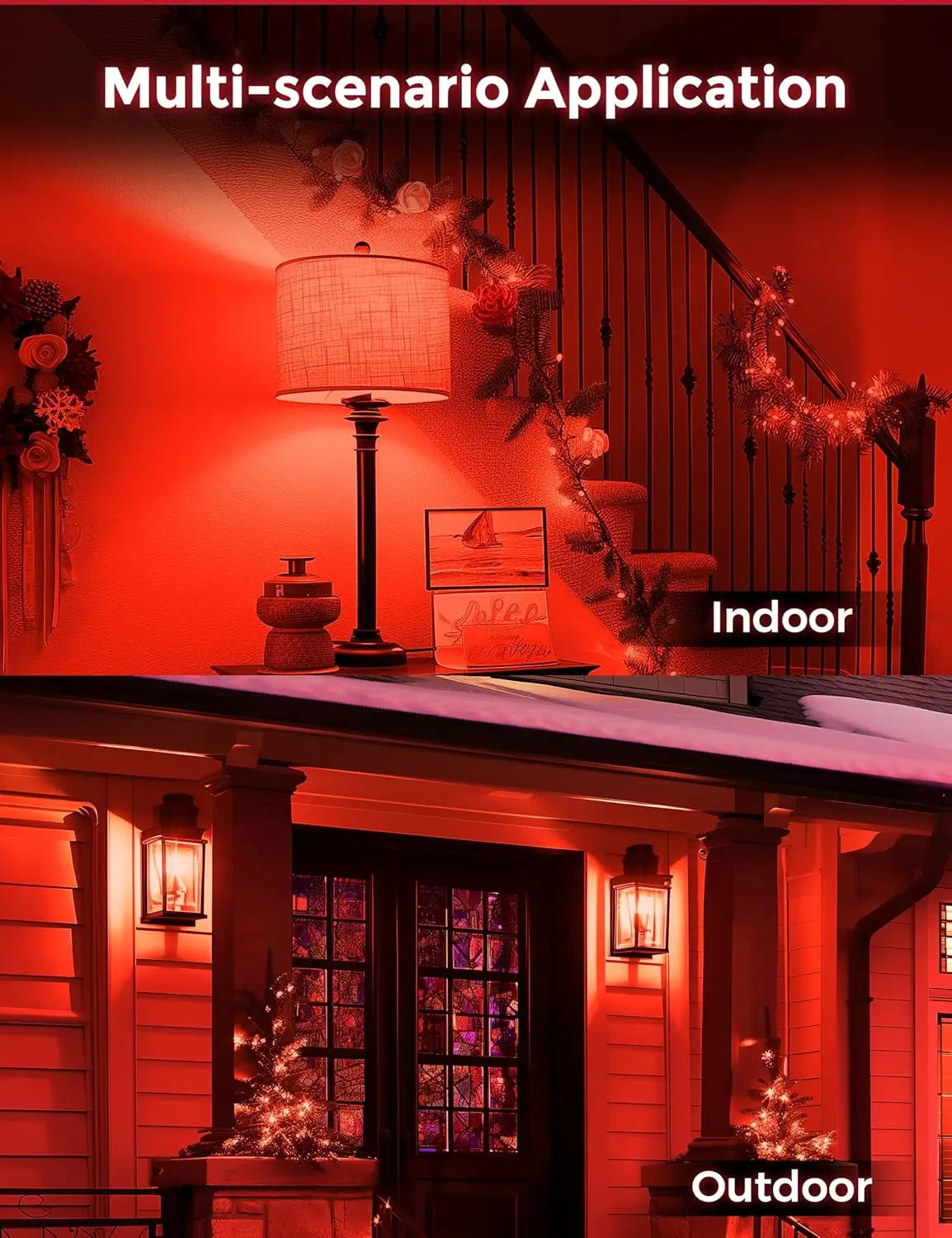 Multi-use red LED bulbs for both indoor and outdoor lighting scenes.