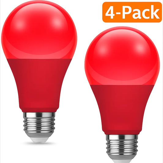 4-pack red LED light bulbs E26 A19 non-dimmable for decorative lighting.