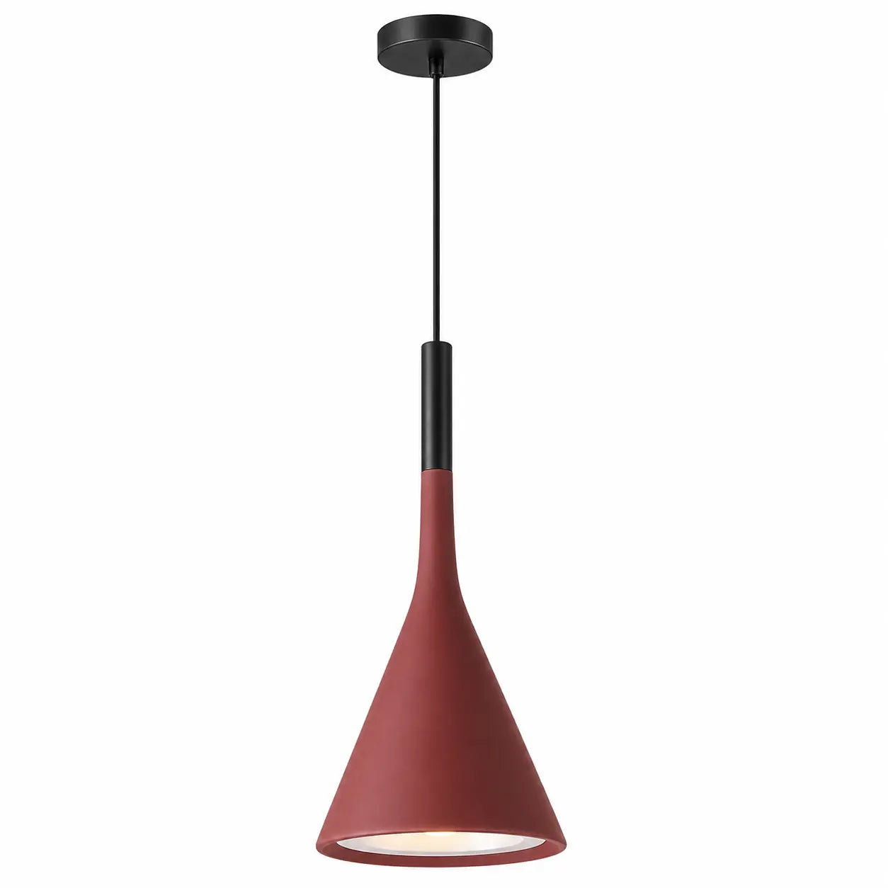 Red metal cone pendant light with a black canopy, upper housing, and cord against a white background.