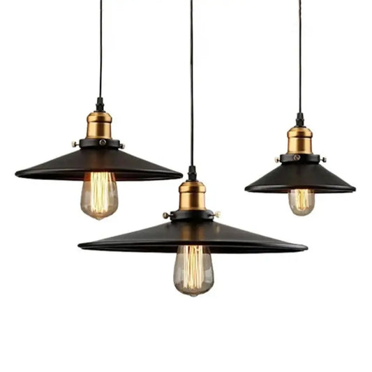 Set of three black retro industrial pendant lights compatible with vintage Edison bulbs, perfect for kitchen island or dining room.