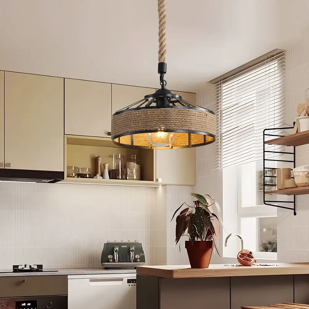 Hemp rope hanging lights illuminate the kitchen island