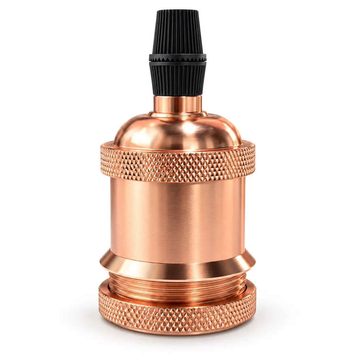 Rose gold-toned vintage lamp socket with a cylindrical body, diamond-knurled rings, a threaded lower section, and a black ribbed top cap.