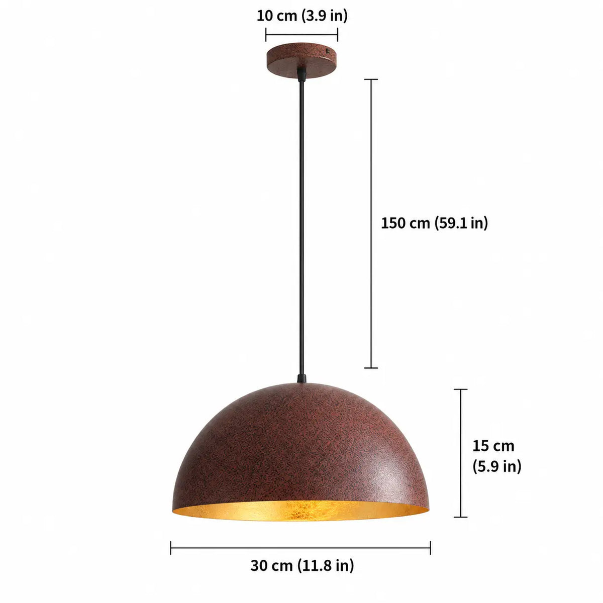 Dimension diagram of an 11.8-inch dome pendant with a 5.9-inch shade height, 59.1-inch cord, and 3.9-inch canopy.