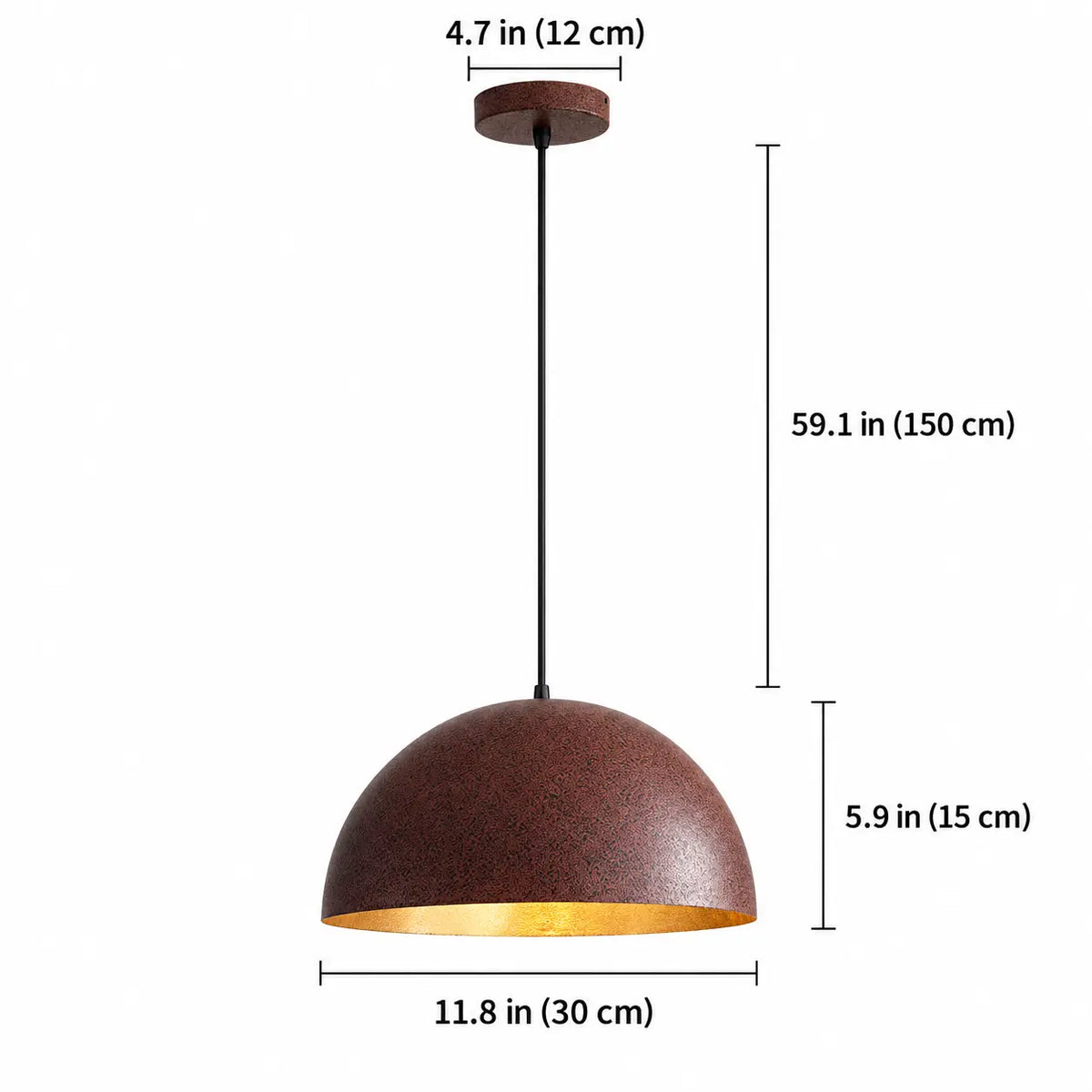 Measurements for the 30 cm rust-brown dome pendant showing its 15 cm shade height, 150 cm cord, and 12 cm canopy.