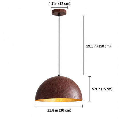 Measurements for the 30 cm rust-brown dome pendant showing its 15 cm shade height, 150 cm cord, and 12 cm canopy.