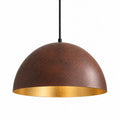 Rust-brown dome pendant light with a textured metal shade, gold-toned interior, and black suspension cord against a white background.