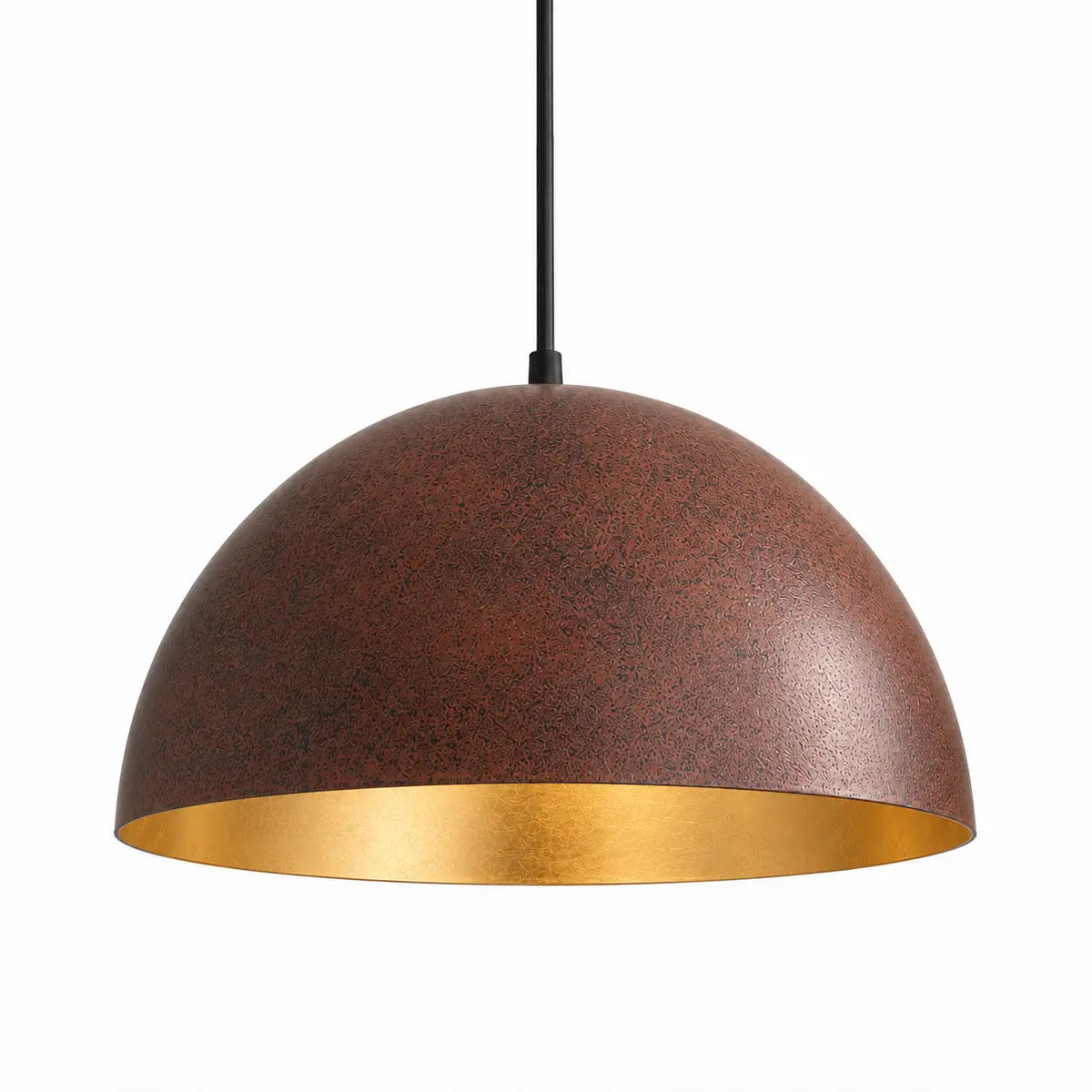 Rust-brown dome pendant light with a textured metal shade, gold-toned interior, and black suspension cord against a white background.