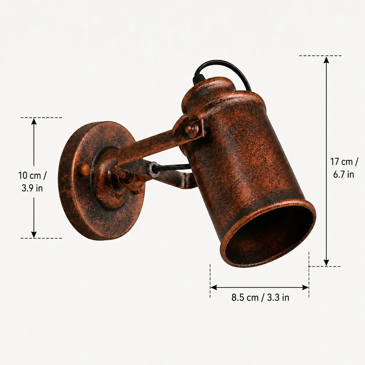 Rust-toned adjustable wall sconce dimensions with 10 cm backplate, 17 cm fixture height, and 8.5 cm shade opening.