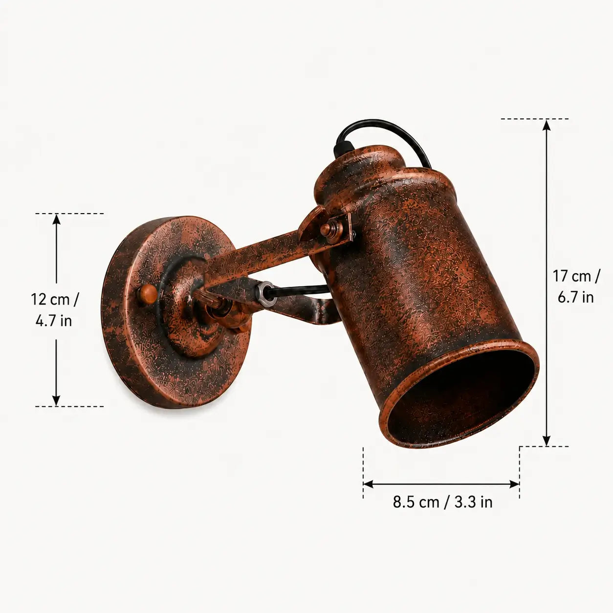 Rust-toned adjustable wall sconce dimensions with 12 cm backplate, 17 cm fixture height, and 8.5 cm shade opening.
