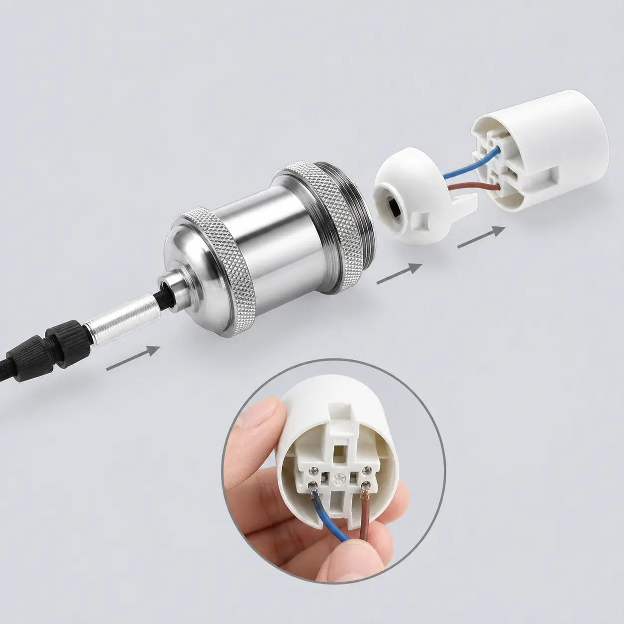 Exploded view of a Silver DIY lamp socket showing the aluminum shell, internal PBT core, terminals, wires, and cord grip.