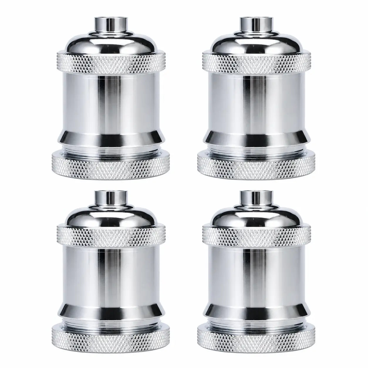 Four Silver aluminum alloy DIY lamp sockets arranged in a two-by-two layout with polished domes and knurled collars.